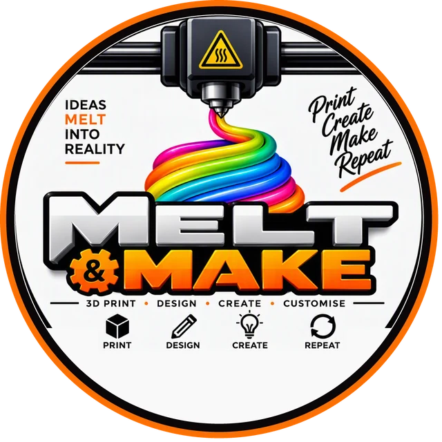 Melt & Make logo: a 3D printer nozzle extruding rainbow filament above the words Melt & Make